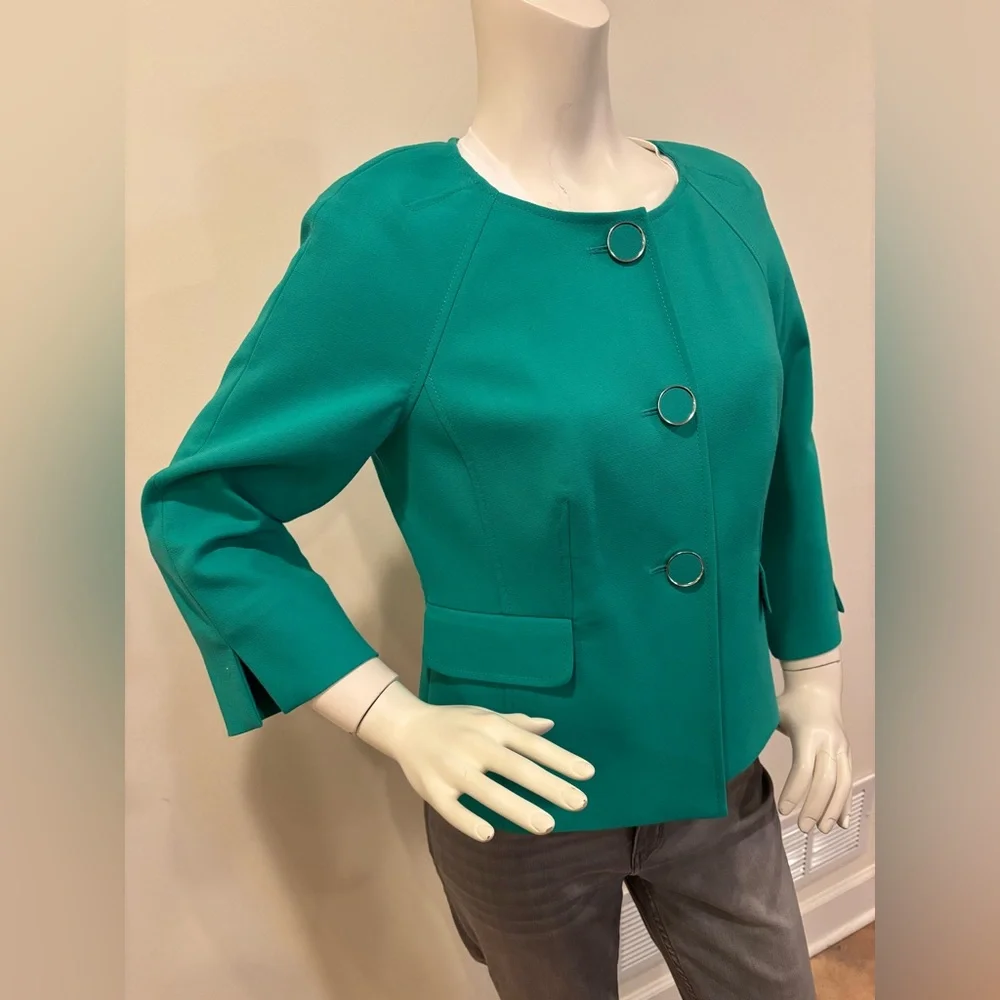 Vintage Semantiks Women’s Teal Round-Neck Button Blazer Jacket, size 10